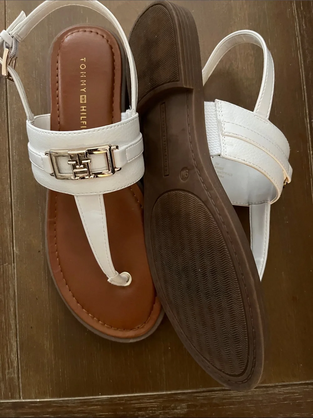 Tommy Hilfiger White Leather T-Strap Sandals with Gold Hardware